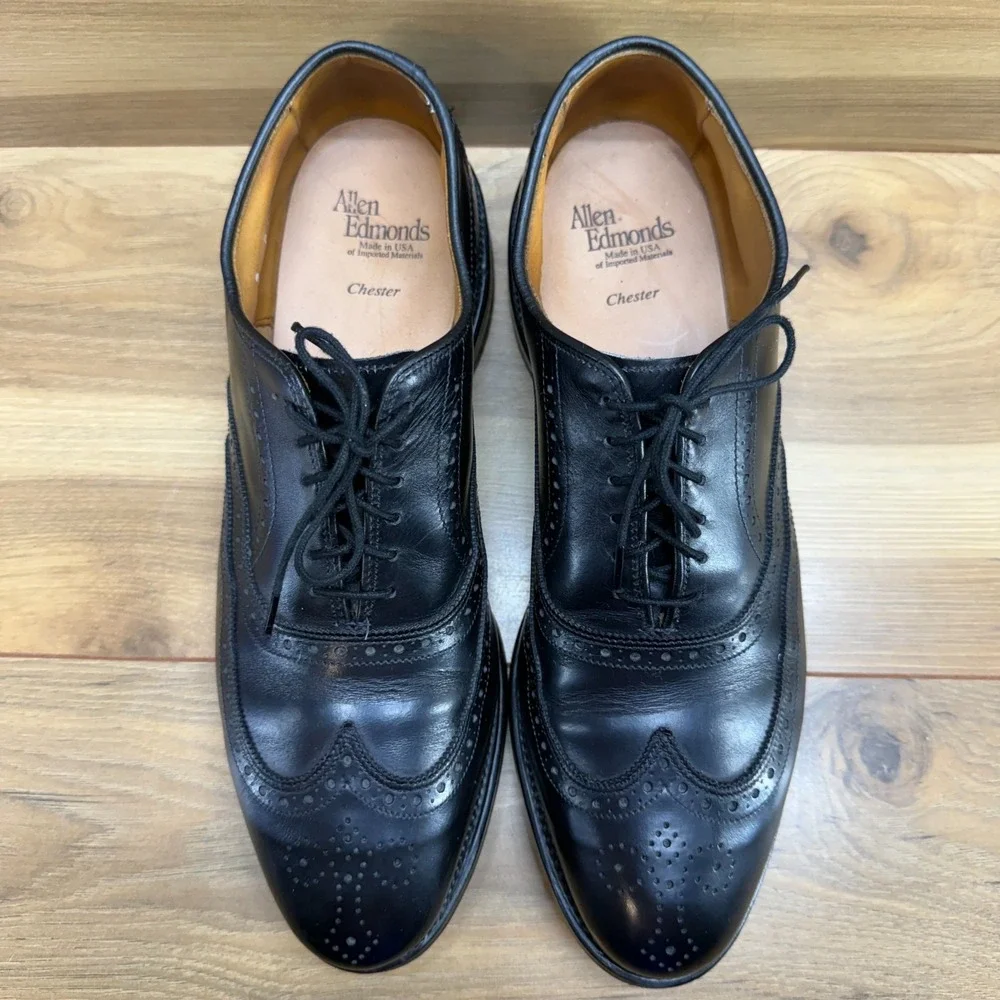 Allen Edmonds Chestern Wingtip Oxfords Mens 9 B Black Leather Medallion